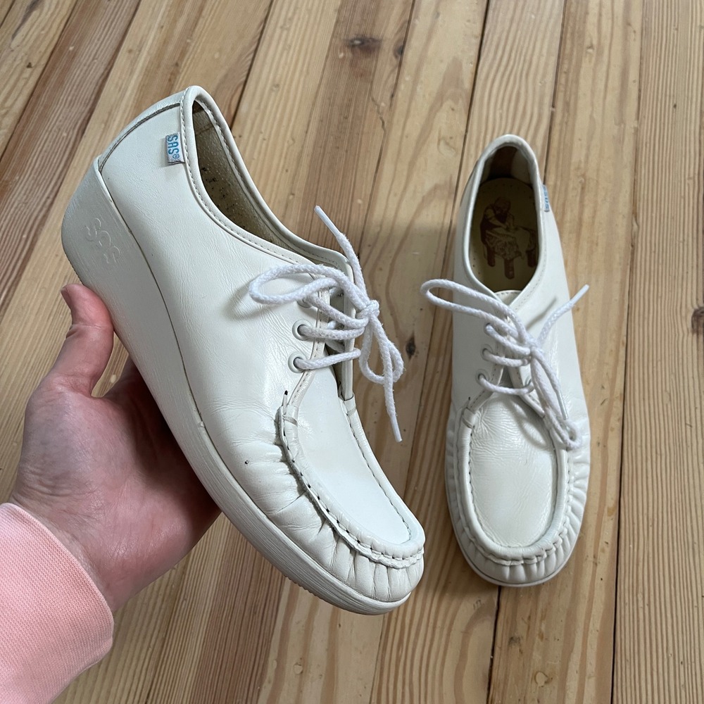 SAS Siesta White‎ Leather Walking Shoes Lace Up Wedge Loafers Handsewn USA Sz 6S